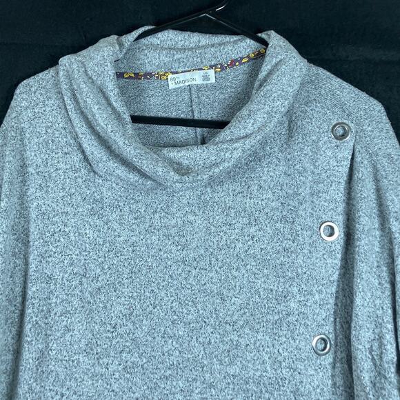 89th & Madison Womens Sweater Gray Cowl Neck Asymmetric Buttons Stretch L - Picture 2 of 12